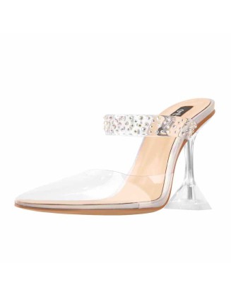Transparent Pointed Toe Colorful Rhinestones Band Clear Tapered High Heel Sandals Mules