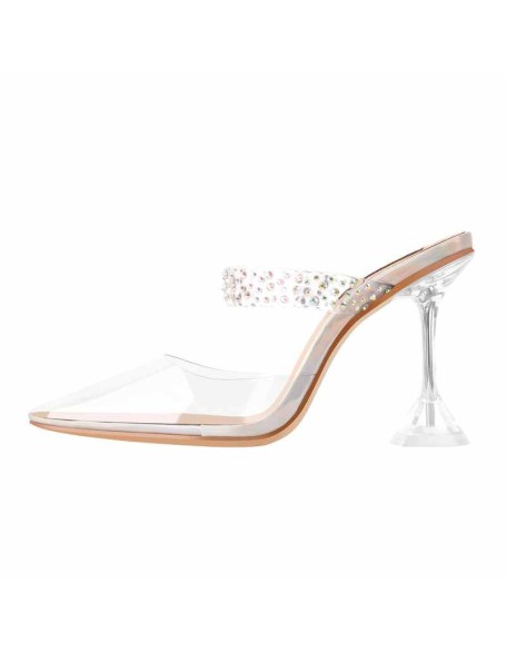 Transparent Pointed Toe Colorful Rhinestones Band Clear Tapered High Heel Sandals Mules