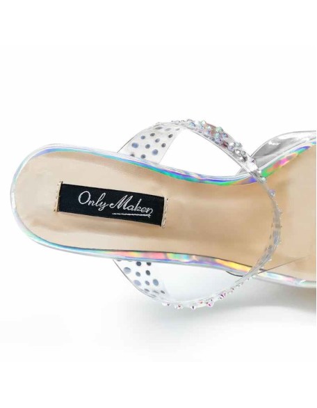 Transparent Pointed Toe Colorful Rhinestones Band Clear Tapered High Heel Sandals Mules