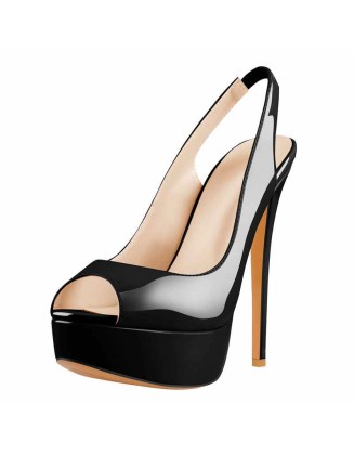 Platform Peep Toe High Heels Black Slingback Sandals