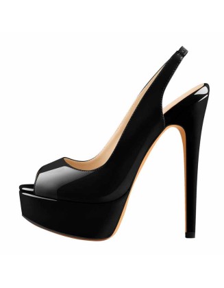 Platform Peep Toe High Heels Black Slingback Sandals