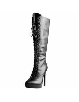 Black Matte Leather Platform Lace-Up High Heel Boots