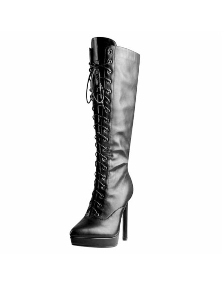 Black Matte Leather Platform Lace-Up High Heel Boots