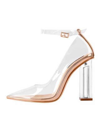 Pointed Toe Buckle Strap Clear Heels Pumps