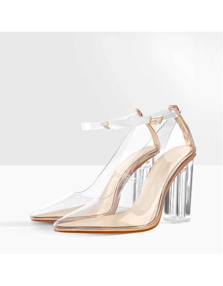 Pointed Toe Buckle Strap Clear Heels Pumps