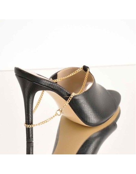 Black Snake Golden Chain Print Open Toe High Heels Sandals Mules