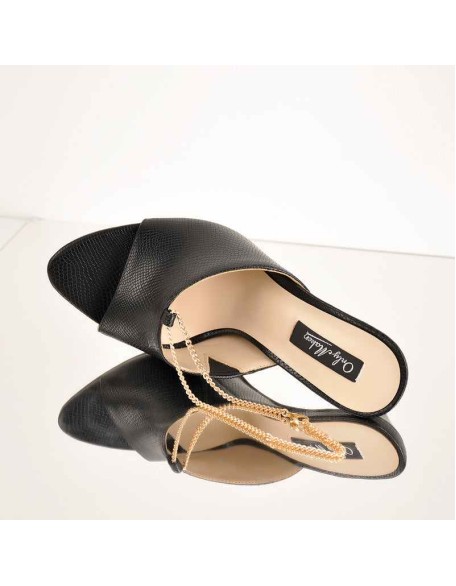 Black Snake Golden Chain Print Open Toe High Heels Sandals Mules