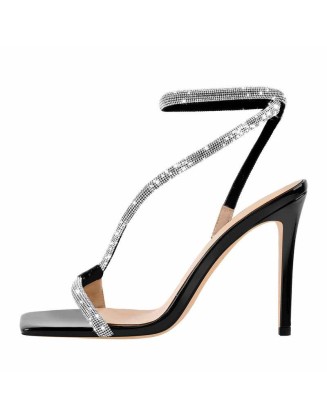 Square Toe Ankle Rhinestone Strap High Heels Sandals