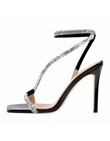Square Toe Ankle Rhinestone Strap High Heels Sandals