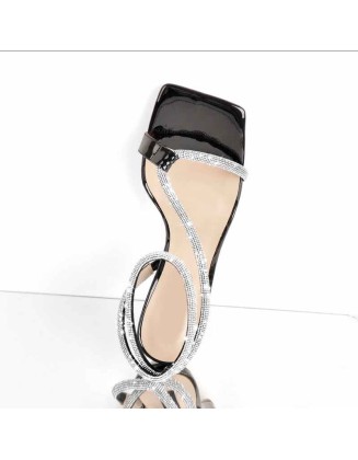 Square Toe Ankle Rhinestone Strap High Heels Sandals