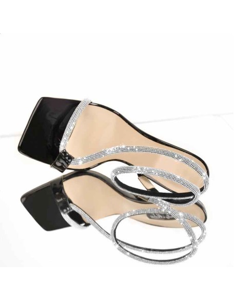 Square Toe Ankle Rhinestone Strap High Heels Sandals