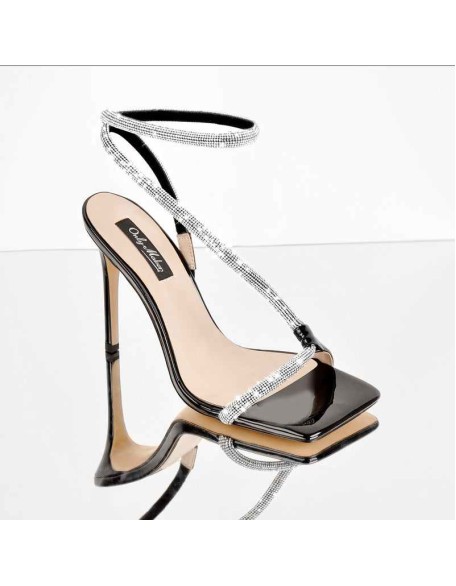 Square Toe Ankle Rhinestone Strap High Heels Sandals