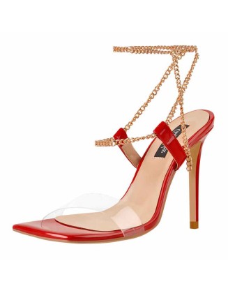 Red Patent Leather Square Toe Golden Chain Open Toe High Heels Sandals