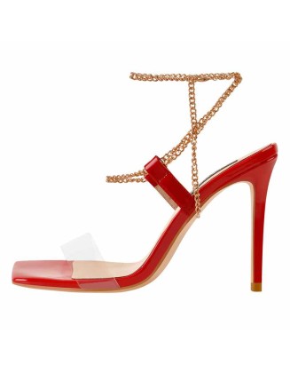 Red Patent Leather Square Toe Golden Chain Open Toe High Heels Sandals