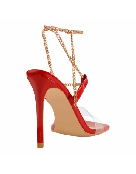 Red Patent Leather Square Toe Golden Chain Open Toe High Heels Sandals