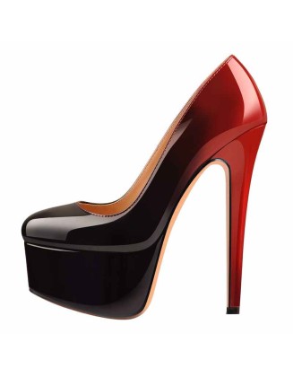 Black Red Gradient Patent Leather Rounde Toe Platform Stiletto High Heels Pumps