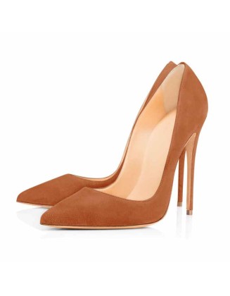 8cm 12cm Light Brown Pointed Toe Slip On High Heel Suede Velvet Pumps