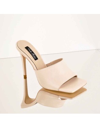 Matte Patent Leather Square Toe Apricot Open Toe High Heels Sandals Mules