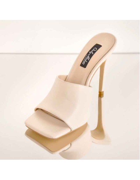 Matte Patent Leather Square Toe Apricot Open Toe High Heels Sandals Mules