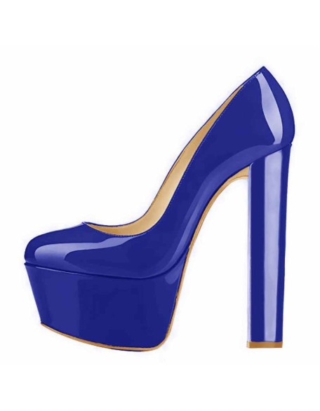 Retro Blue Round Toe Pumps Platform High Heels Stiletto Slip on Pumps