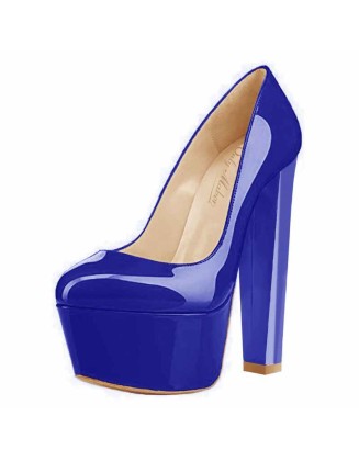 Retro Blue Round Toe Pumps Platform High Heels Stiletto Slip on Pumps