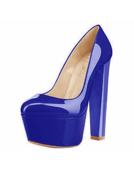Retro Blue Round Toe Pumps Platform High Heels Stiletto Slip on Pumps