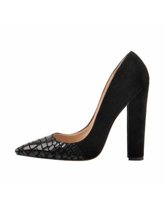 Black Pointed Toe Pumps Chunky Heels Slip on Pumps
