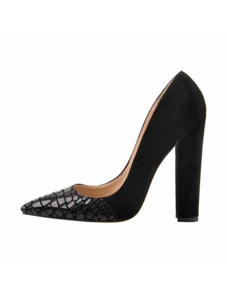 Black Pointed Toe Pumps Chunky Heels Slip on Pumps