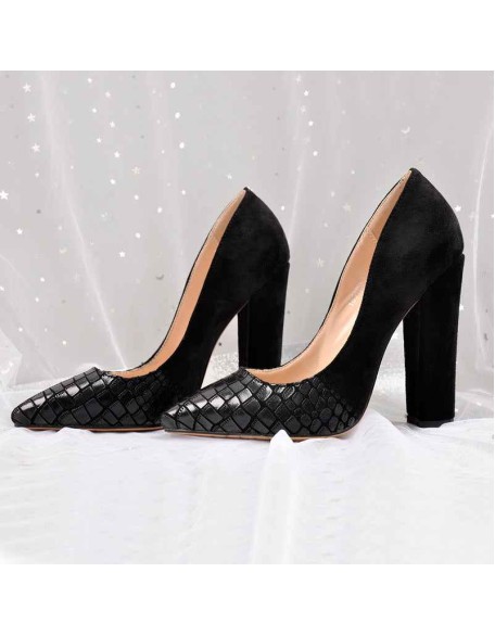 Black Pointed Toe Pumps Chunky Heels Slip on Pumps