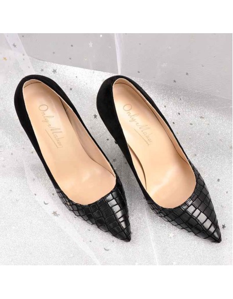Black Pointed Toe Pumps Chunky Heels Slip on Pumps