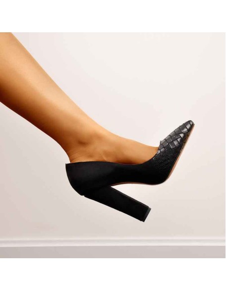 Black Pointed Toe Pumps Chunky Heels Slip on Pumps