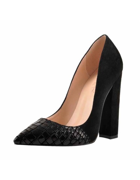 Black Pointed Toe Pumps Chunky Heels Slip on Pumps