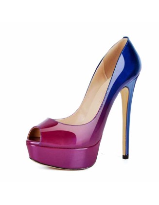 Blue Purple Gradient Open Toe Pumps Platform Stiletto High Heels Pumps