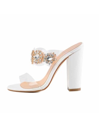 Rhinestone High Heeled Mules Slip on Chunky Heels Sandals