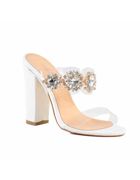 Rhinestone High Heeled Mules Slip on Chunky Heels Sandals