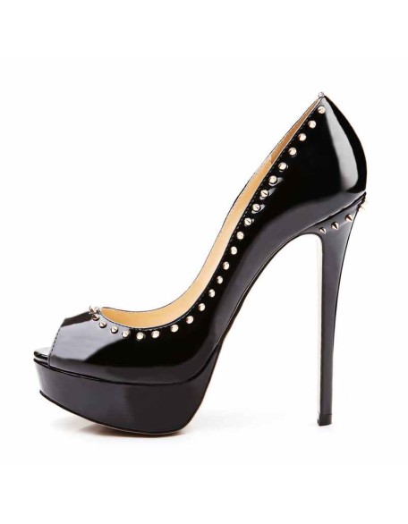 Black Platform Peep Toe Stiletto Pumps With Rivet