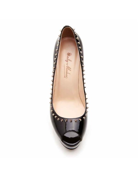Black Platform Peep Toe Stiletto Pumps With Rivet