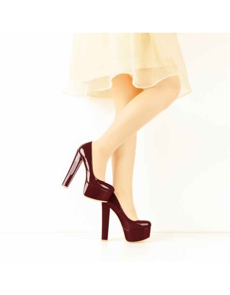 Red Brown Round Toe Pumps Classic Platform Chunky Heels