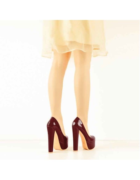 Red Brown Round Toe Pumps Classic Platform Chunky Heels