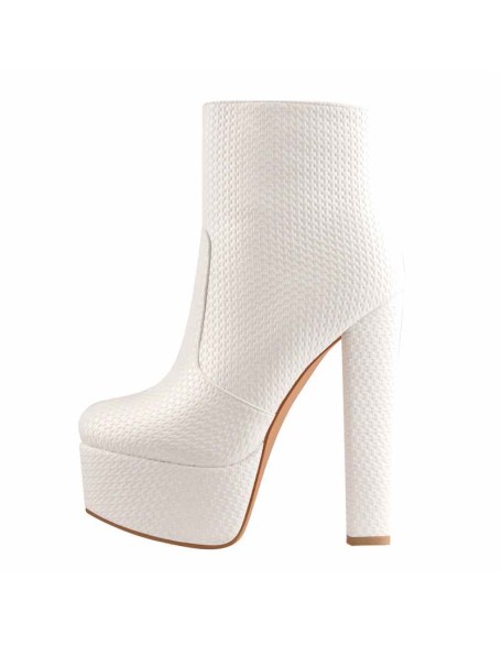 White Fine Weave Pattern Platform Chunky Heel Ankle Boots