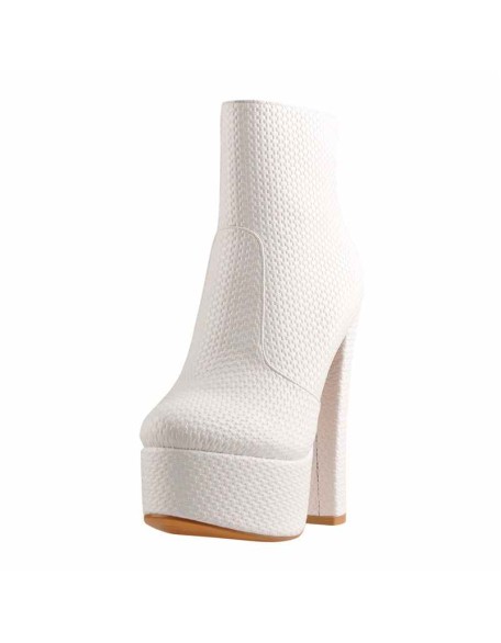 White Fine Weave Pattern Platform Chunky Heel Ankle Boots
