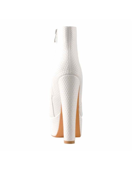 White Fine Weave Pattern Platform Chunky Heel Ankle Boots