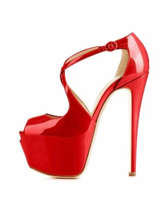 Red Cross Strap Platform Pumps Sky High Heels