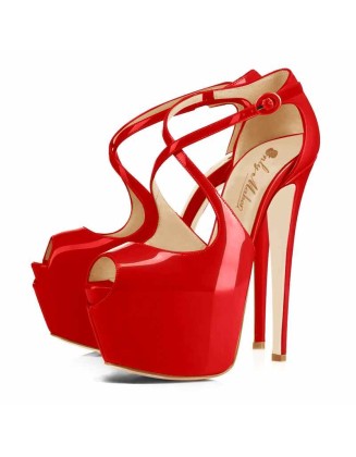 Red Cross Strap Platform Pumps Sky High Heels