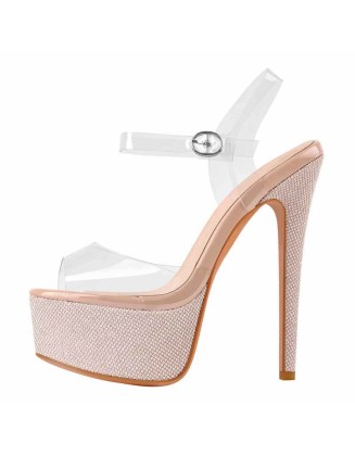 Rose Gold Clear PVC Ankle Strap Stiletto High Heel Sandals