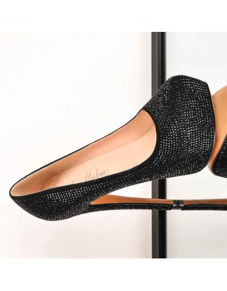 Black Platform Glitter Round Toe Stilettos Pumps