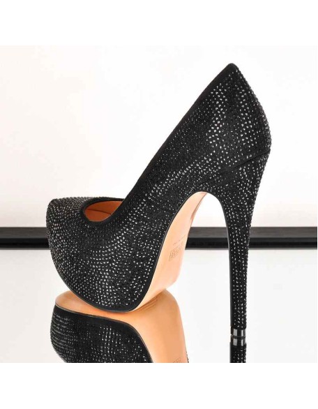 Black Platform Glitter Round Toe Stilettos Pumps