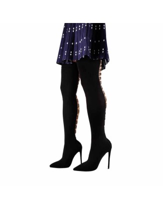 Thigh High Pointy Toe Stiletto Stretch Back Hollow Out Stocking Booties