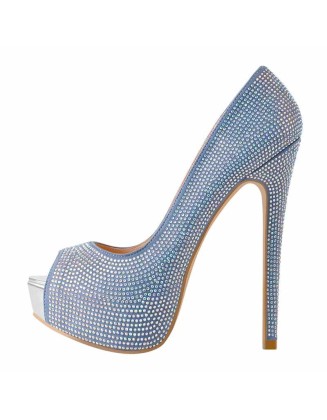 Blue Rhinestone Peep Toe Platform Stiletto High Heel Sandals