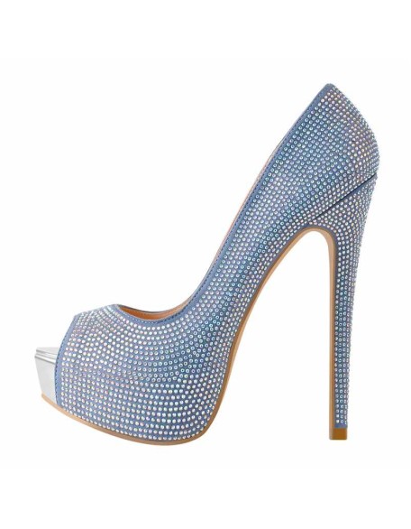Blue Rhinestone Peep Toe Platform Stiletto High Heel Sandals